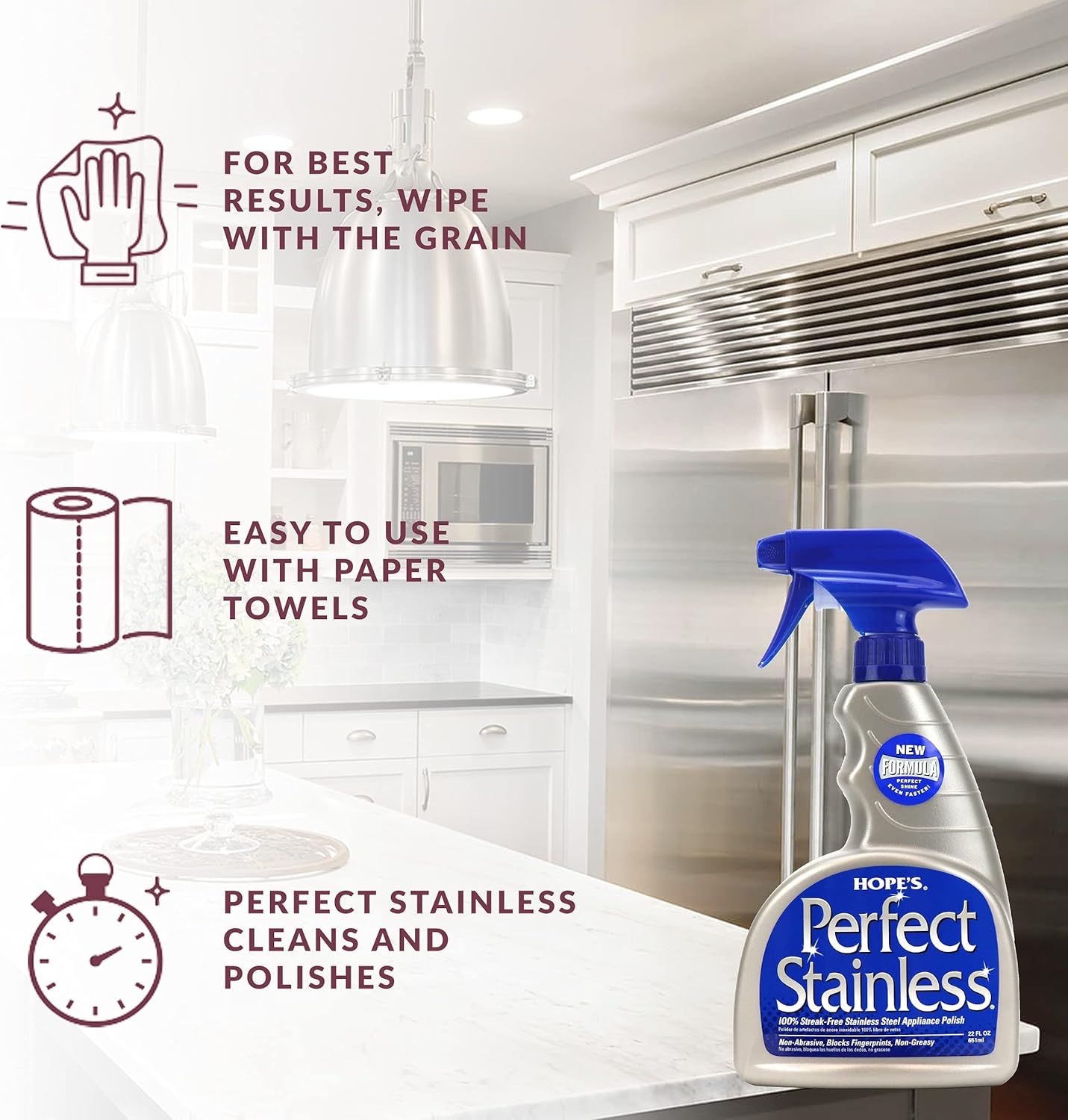 HOPE'S Perfect Stainless Steel Cleaner Streak-Free Self-Polishing Formula, Blocks Fingerprints, Pack of 6, 22 Ounce, 132 Fl Oz