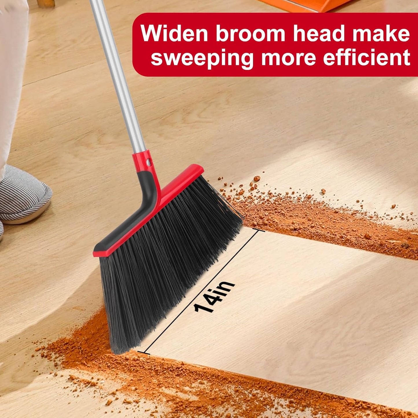 Angle Broom with 58″ Long Handle – 14″ Wide Stiff Bristles for Indoor & Outdoor Sweeping, Garage, Patio, Deck, Courtyard, Concrete, Leaves & Debris Removal