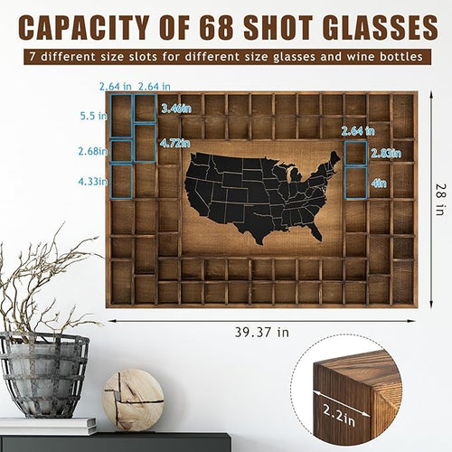 68 Slots 40 x 28'' Large World Map Shot Glass Display Case Rustic Wood Shot - Image 2