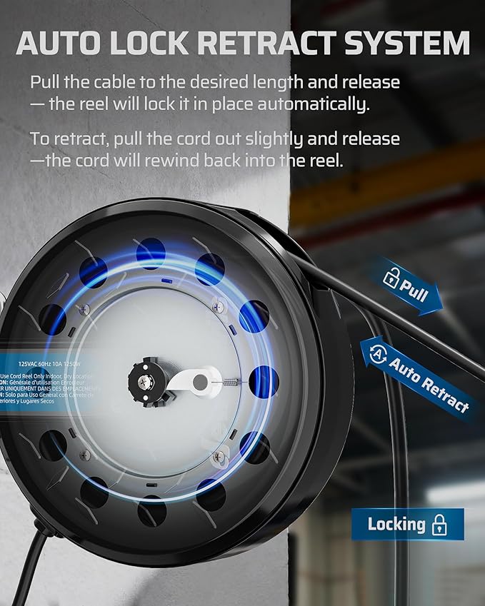 DEWENWILS 30FT Retractable Extension Cord Reel, Ceiling/Wall Mount 16/3 SJTW - Image 5
