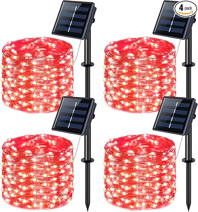 JMEXSUSS 4 Pack 400 LED 132FT Red Solar Fairy Lights Outdoor Waterproof by JMEXSUSS