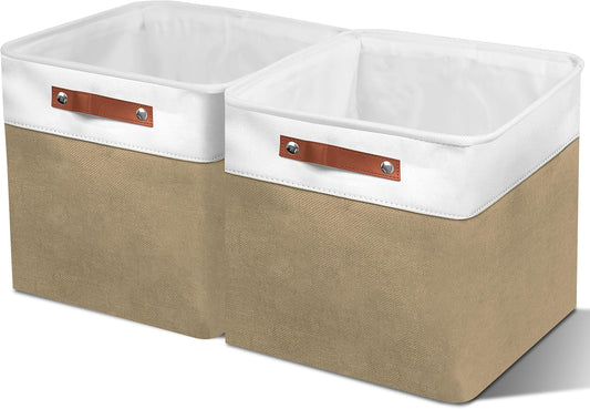 12in Open Fabric Storage Basket with Leather Handles for Organizing, Collapsible Linen Closet Bins for Shelves, Closets, Laundry, Decorative Basket for Gifts. (White＆Khaki, 2PCS/12x12in)