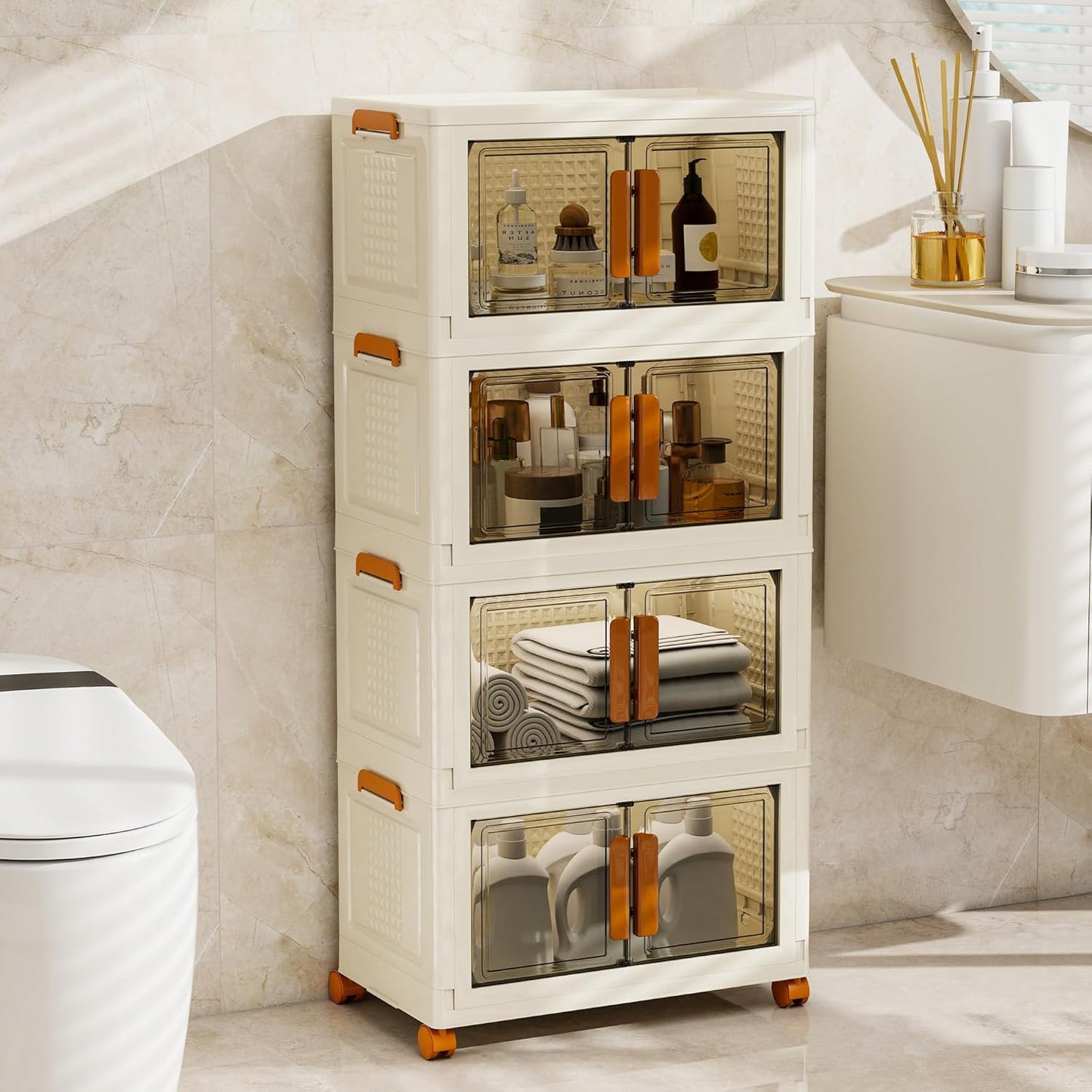 4 Tier Stackable Plastic Storage Bins with 1 Lid 45 QT/Tier, Collapsible Plastic Box Storage Bin with Wheels, Home Containers Boxes Closet Organizers for Living Room, Office, Dorm