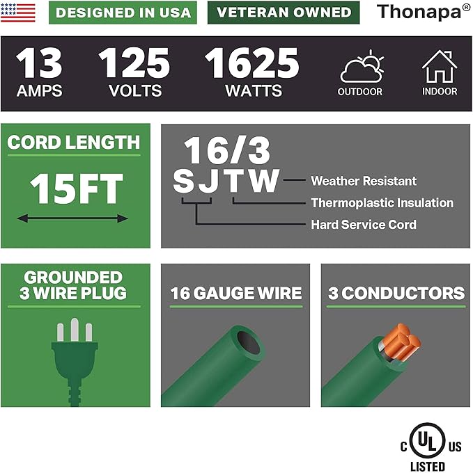 Thonapa Weatherproof Green Extension Cord 15 ft 3 Outlets, 16/3 SJTW Outdoor - Image 2