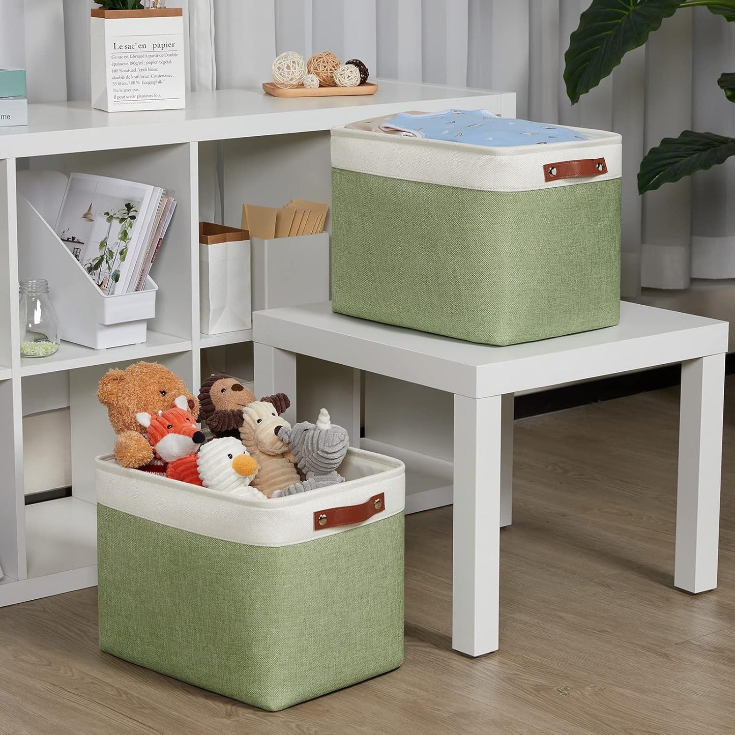 DULLEMELO 2-Pack Large Storage Baskets for Organizing 16"x12"x12" Canvas Fabric Storage Basket Bins With Leather Handles for Shelf Clothes Empty Gift Basket (White&Green)