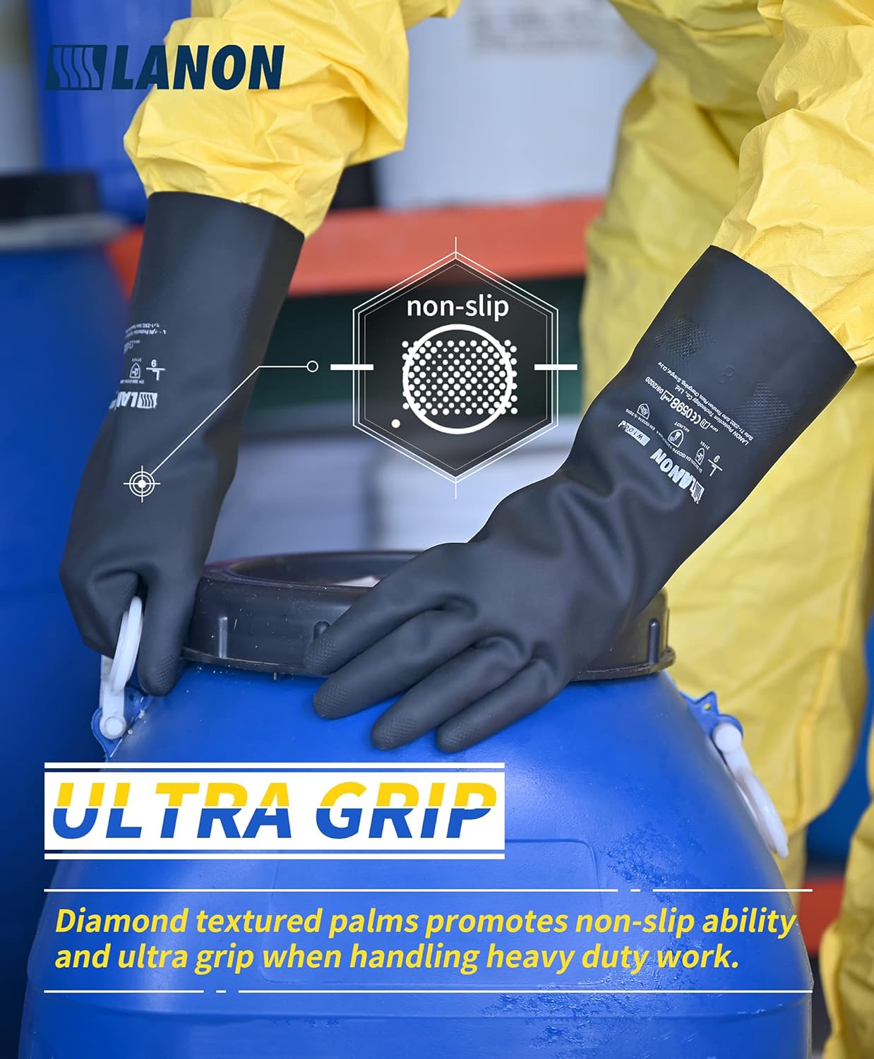 LANON Rubber Chemical Resistant Gloves, Reusable Heavy-duty Safety Work Gloves, Acid & Alkali Protection, Non-Slip, Large