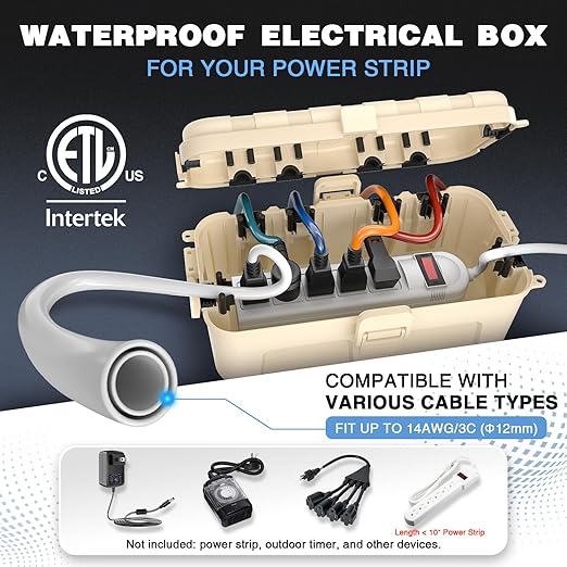 Flemoon Medium Outdoor Electrical Box, IP54 Waterproof Extension Cord Cover w/6 - Image 2