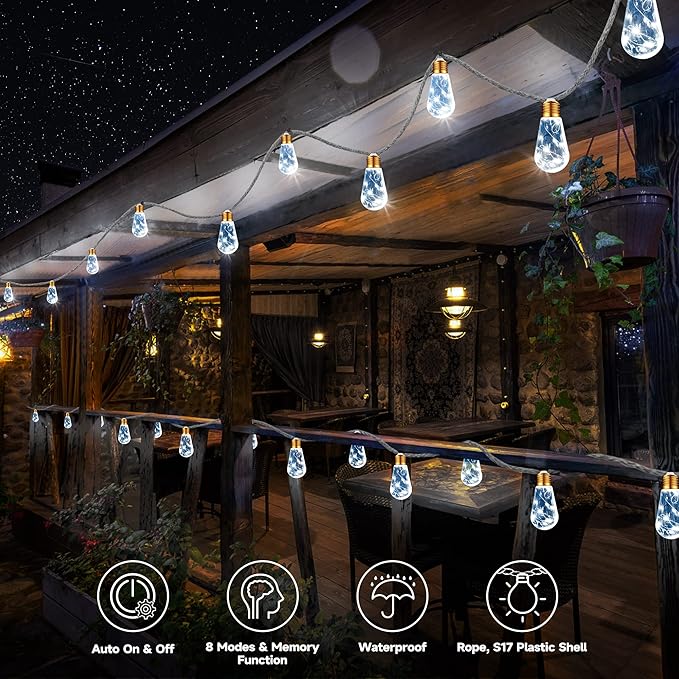 Solar Outdoor String Lights, 20Ft Vintage Rope Hemp Solar Patio Lights - Image 2