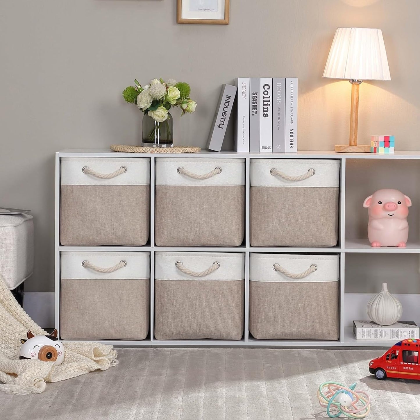 Mangata Canvas Storage Boxes, 9.8 Inch Cube Storage Bins Set of 6 for 10 Inch Cabinets, Fabric Baskets with Cotton Rope Handle for Organizing Clothes Nursery Home (Khaki/White)