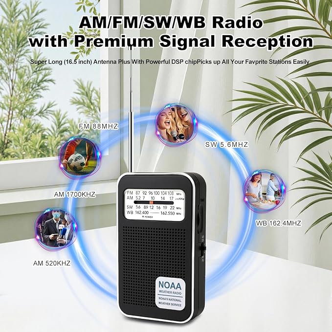 Portable Personal NOAA Weather Radio, 4-Band AM/FM/SW/WB Emergency Transistor - Image 2