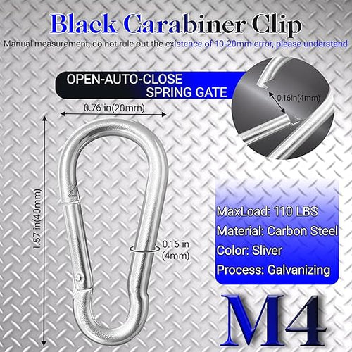 12 Pack 1.57" Heavy Duty Carabiner Clips, M4 Sliver Galvanized Steel Spring - Image 2