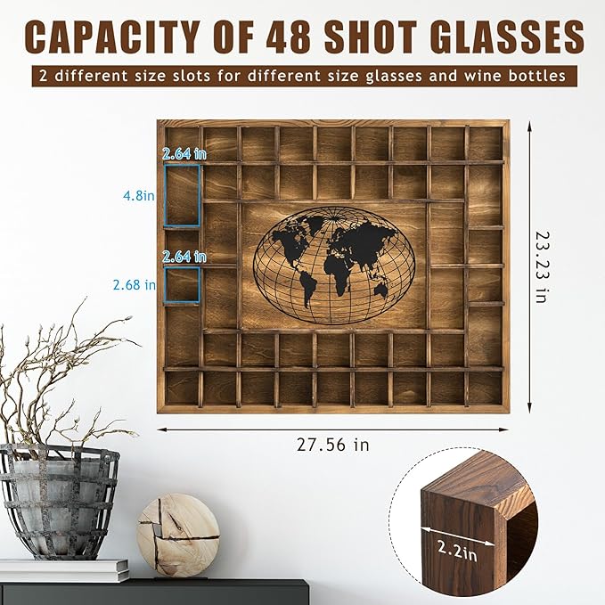 GlikCeil 44 Slots 28 x 23'' Medium World Map Shot Glass Display Case Rustic - Image 2