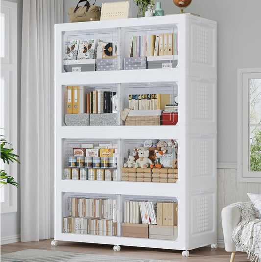 160GAL Extra Large Storage Bins with Lid, 640Qt Stackable Closet Organizers and Drawers, Collapsible Storage Bins with Wheels, Folding Storages Cabinet for Home Bedroom Office, 4Pack White