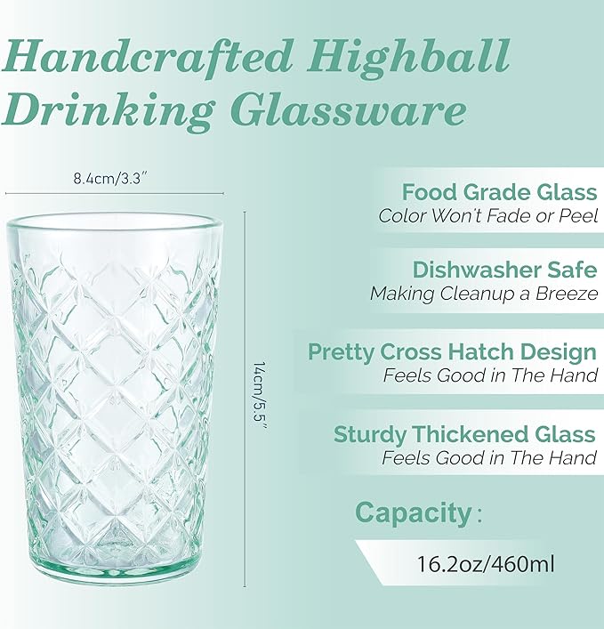 CREATIVELAND Drinking Highball Glasses Set of 4, Vintage Cross Hatch Glass Cups - Image 2