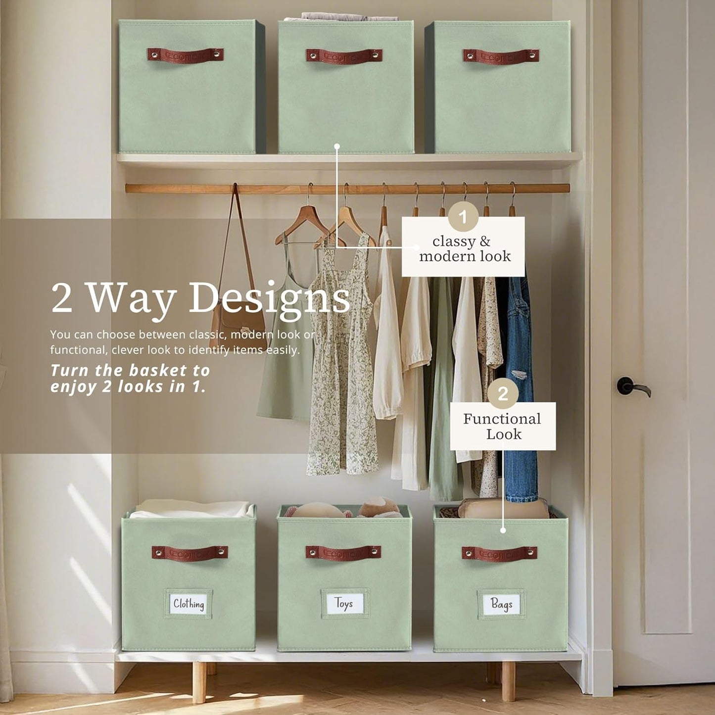 DECOMOMO Storage Baskets, 13x15x13 Storage Cube Bins with Labels for Organizing Shelves Kallax (Kallax / 4pcs, Sage Green)