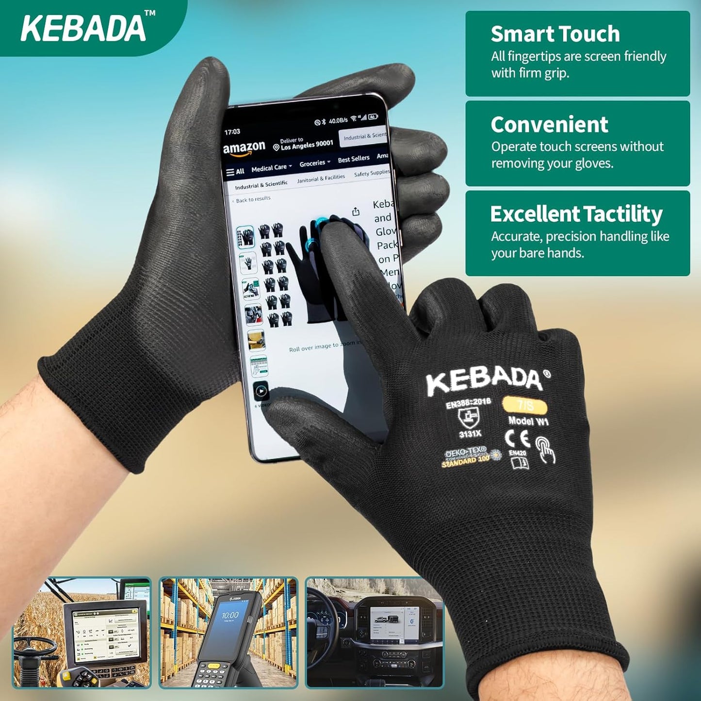 Kebada W1 Work Gloves for Men and Women, PU Coated Safety Gloves with Grip, Touchscreen, Ideal for Warehouse Package Handling, Construction, Gardening, Black Medium