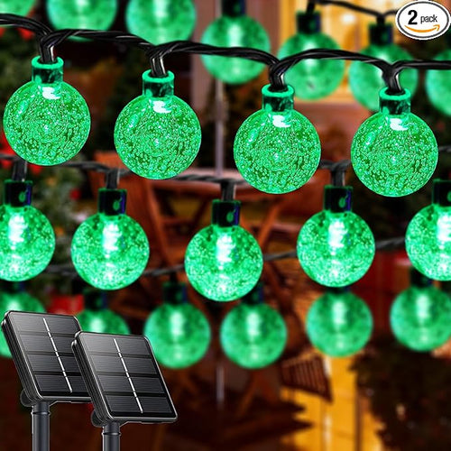 2-Pack 100 LED Green Solar String Lights Outdoor - 64FT Crystal Globe by LORRYTE