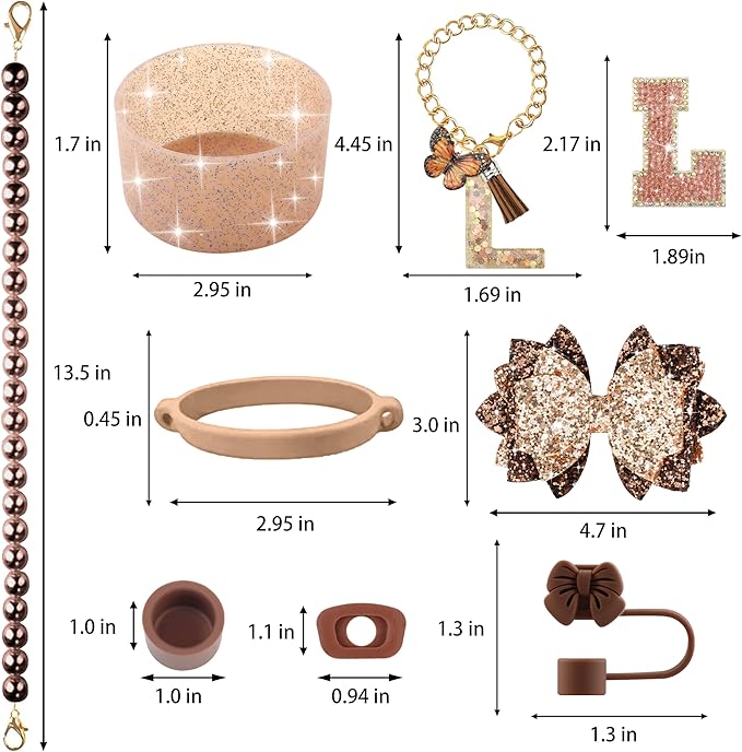 9PCS Brown for Stanley Cup Accessories Set Bling Initials Bow Charms for - Image 3