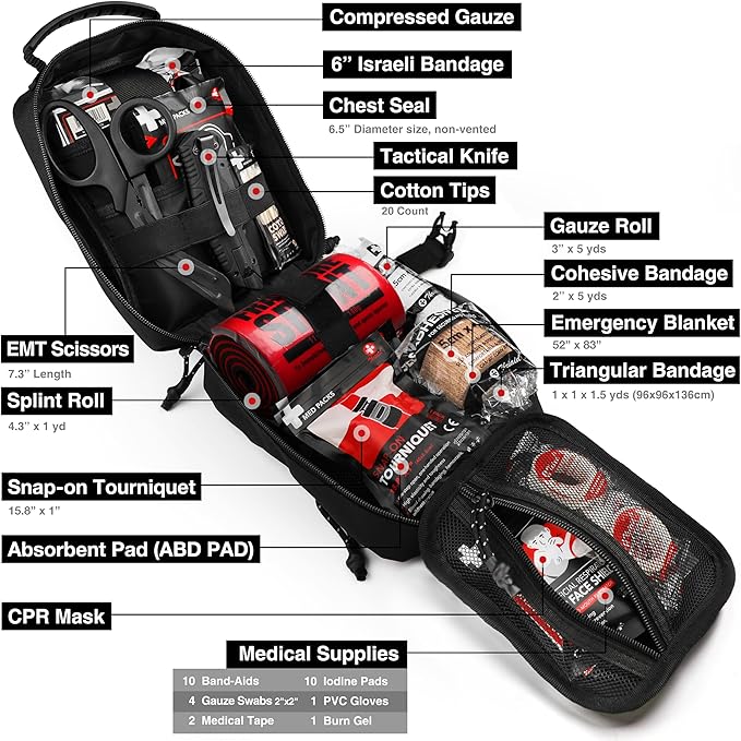 Survival First Aid Kit with Israeli Bandage, Chest Seal, Tourniquet, Tactical - Image 3