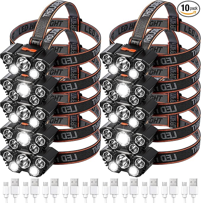 10 Pack Rechargeable Headlamp, USB Rechargeable LED Head Lamp Bulk, 4 Mode 90° by VIHOSE
