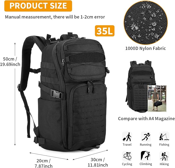 HUNTVP Tactical Backpack for Men 35L Military Backpack MOLLE 1000D Army Daypack - Image 4