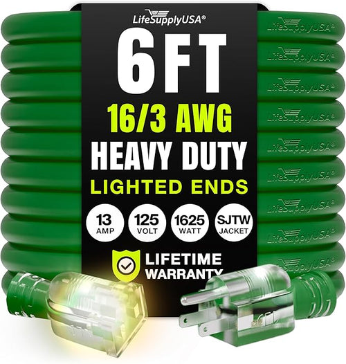 6ft Outdoor/Indoor Extension Cord 16/3 Gauge Heavy Duty 3 Prong SJTW, Waterproof by LifeSupplyUSA