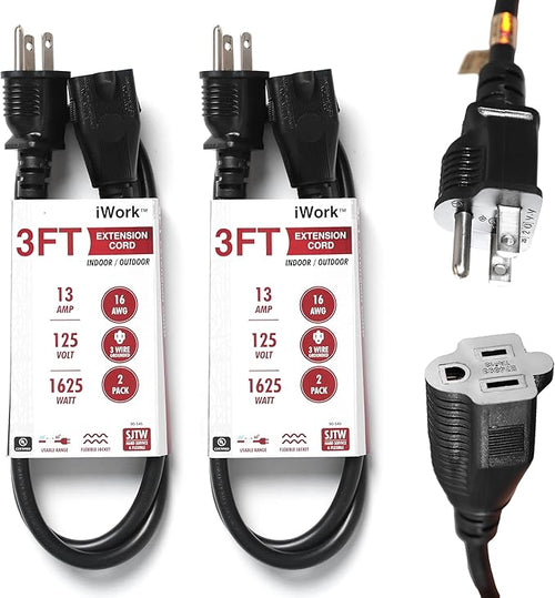 2-Pack 3ft Black Extension Cord, 16/3 SJTW Heavy-Duty Power Cable, UL Listed by iWork