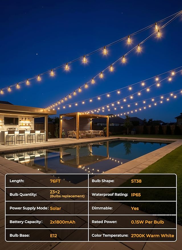 Brightown 76FT Solar String Lights Outdoor Waterproof, Patio Lights - Image 8