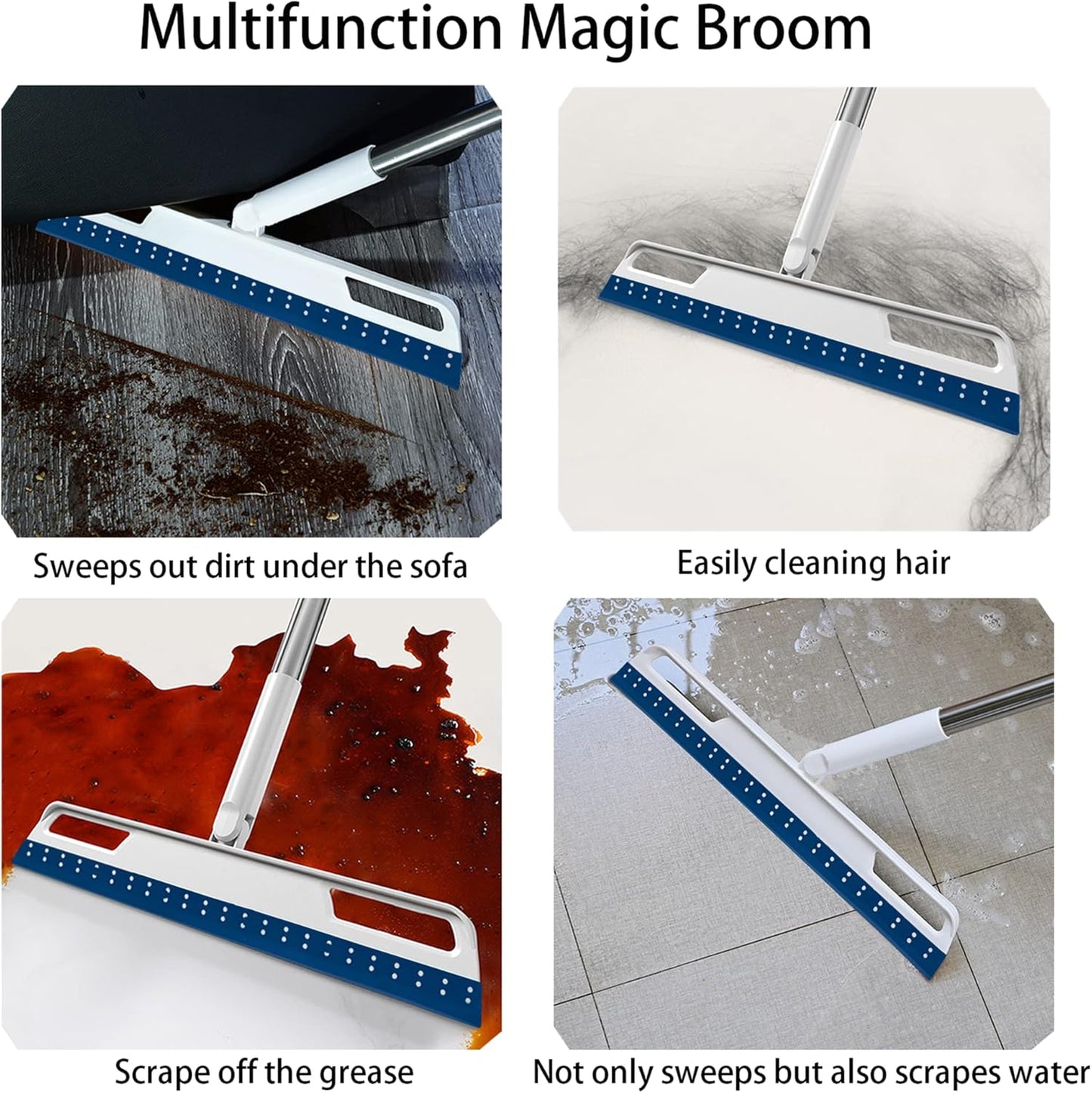 Multifunction Magic Air Broom, Silicone Broom with 56" Long Handle, 4 in 1 Rubber Squeegee Sweeper for Floor Bathroom Kitchen Shower Tile Pet Hair Fur Marble Glass Water Window Foam Cleaning (Blue)