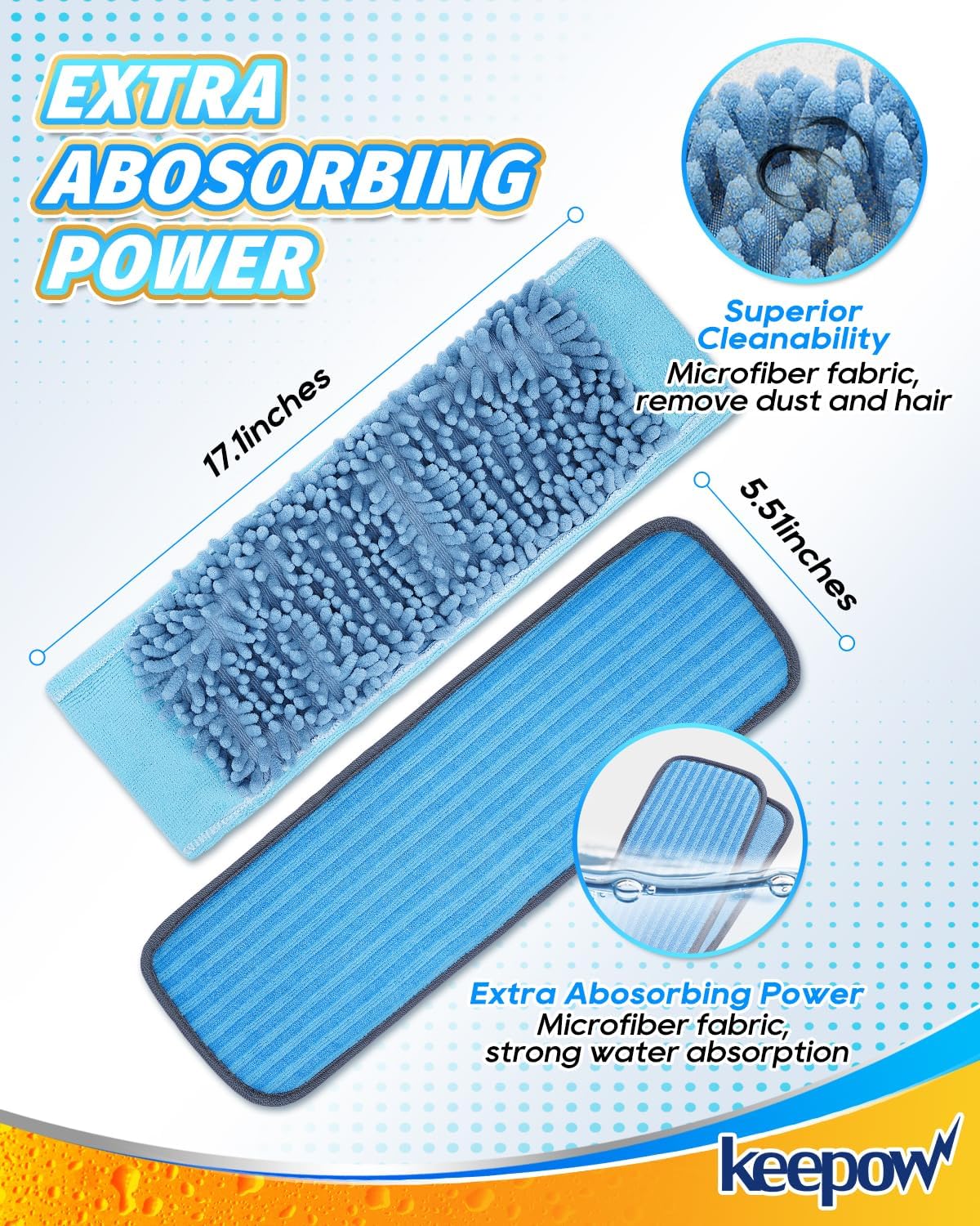 KEEPOW Reusable Microfiber Mop Pads Compatible with Wagner 905e, 915e & 925e Steamers, Reusable Microfiber Cleaning Pad and Chenille Mop Pads for Hardwood Floor Cleaning 2+2 Pack (Mop is Not Included)