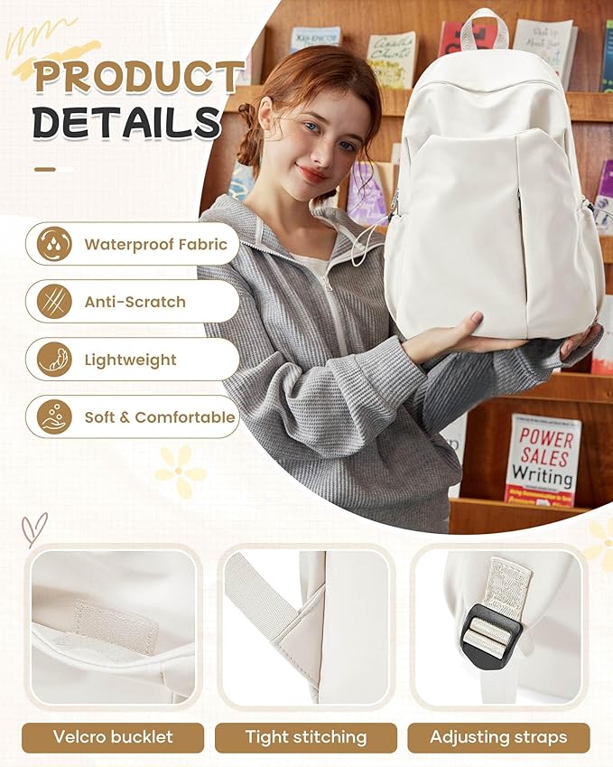 SEAFEW Beige School Backpack for Girls Women Waterproof High School Book Bag - Image 5