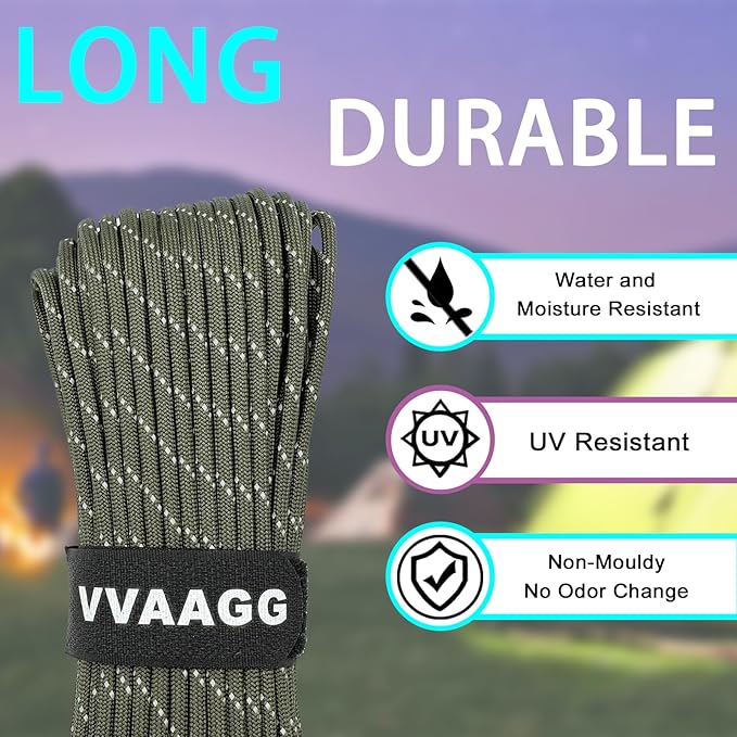 VVAAGG Reflective Paracord Rope 100FT, 7 Strand Nylon para Cord Lanyard Utility - Image 4