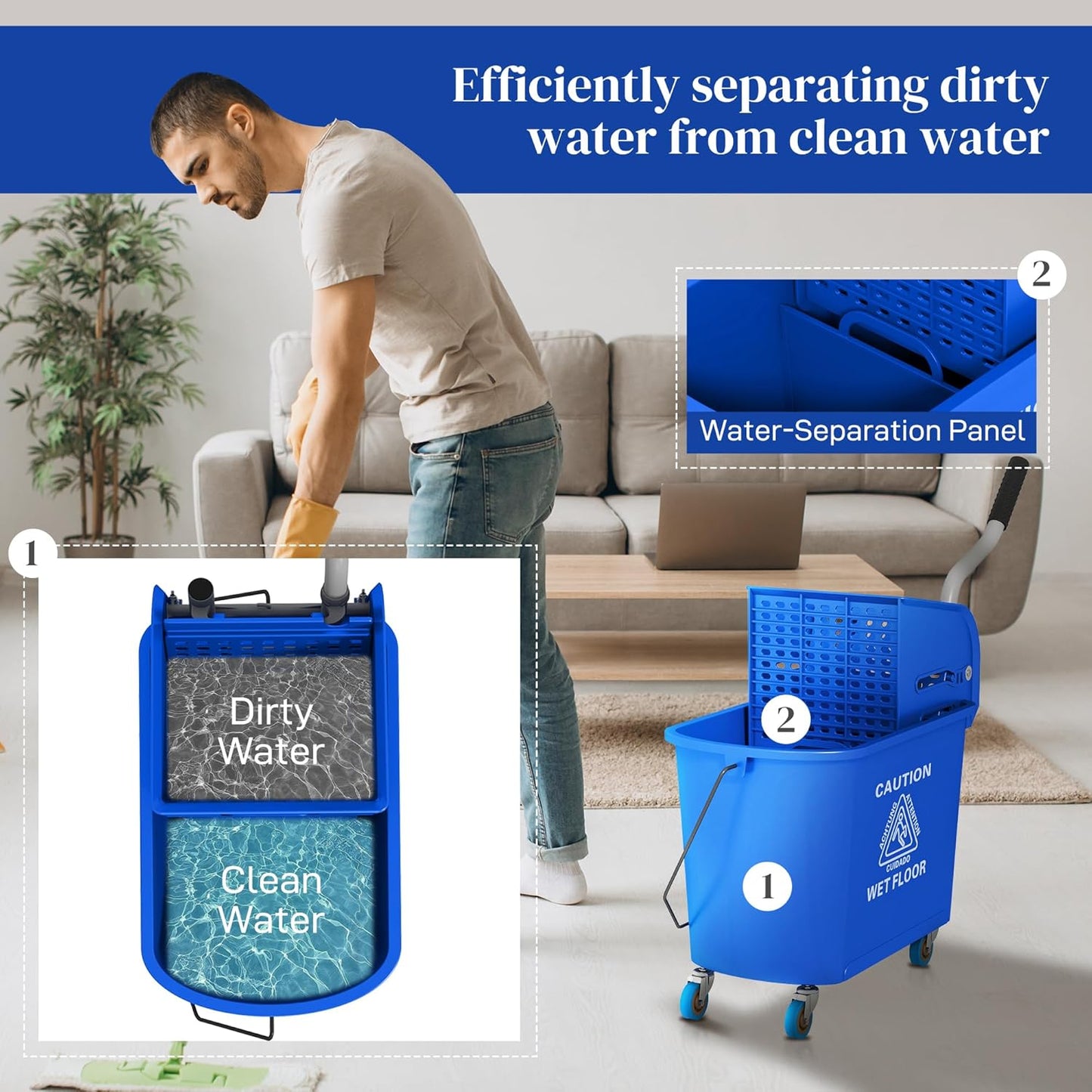 HOMCOM Compact Mop Bucket with Wringer on Wheels for Floor Cleaning, 21 Quart, Separate Dirty and Clean Water, for Home, Apartment, Blue