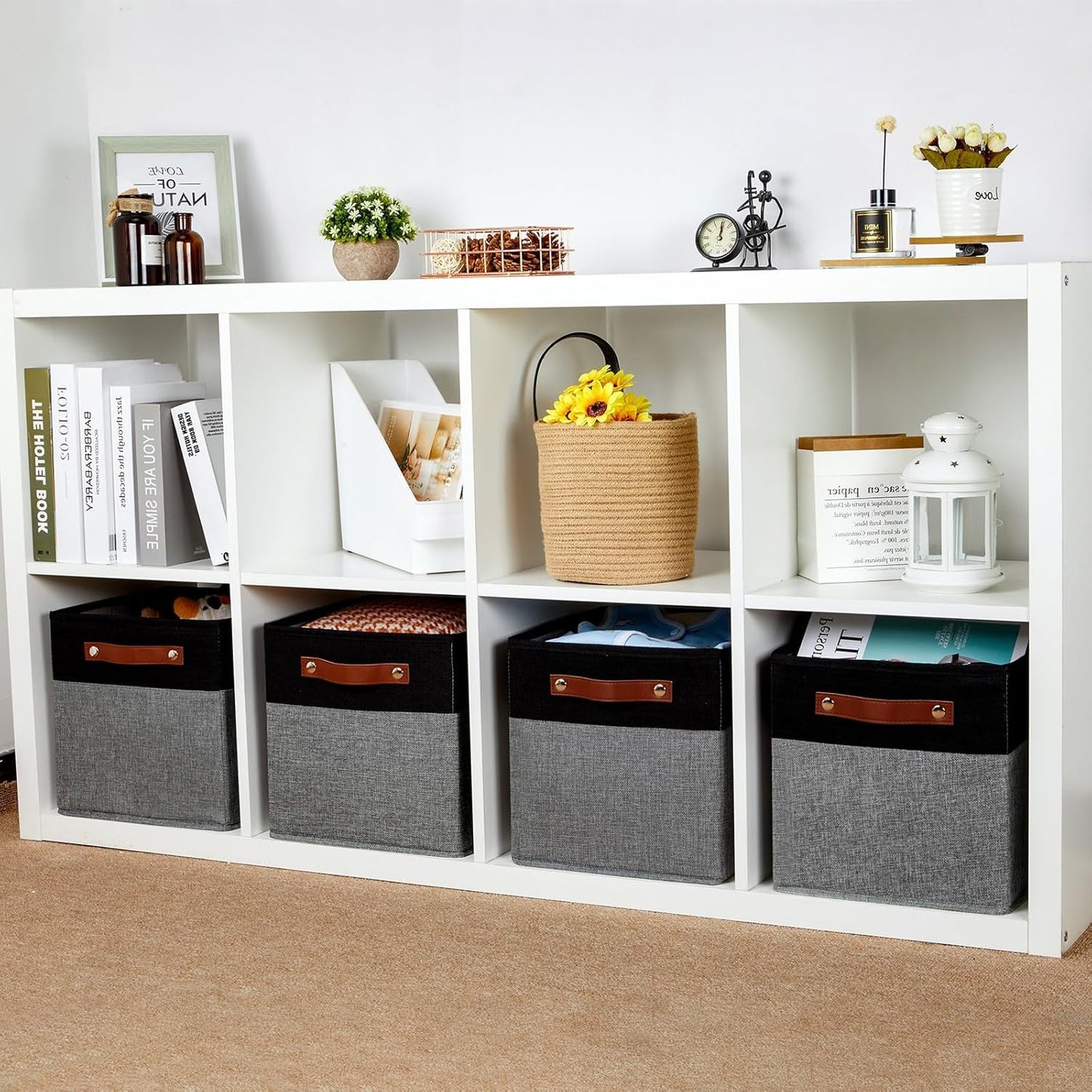 HNZIGE Fabric Cube Storage Baskets 11x11, Set of 4, Foldable Baskets with Handlesfor Organizer Closet(Black Gray)