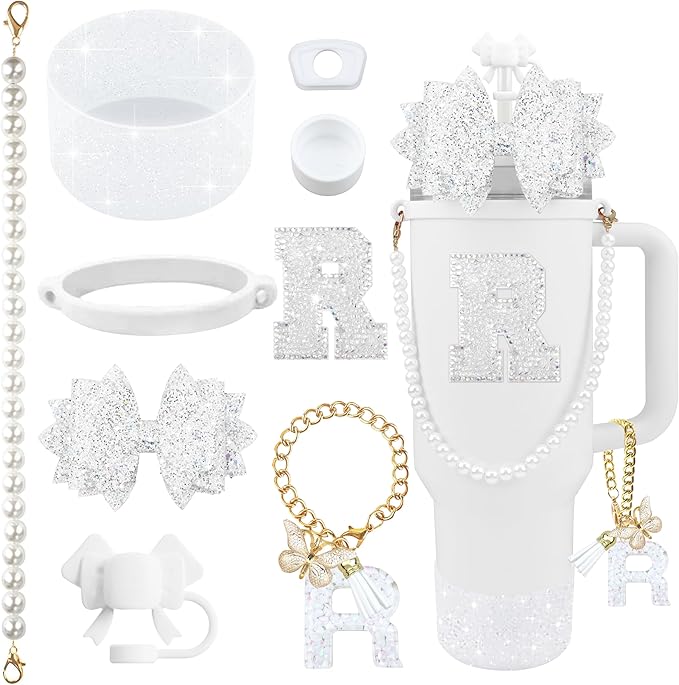 9PCS White for Stanley Cup Accessories Set Bling Initials Bow Charms for by Unknown