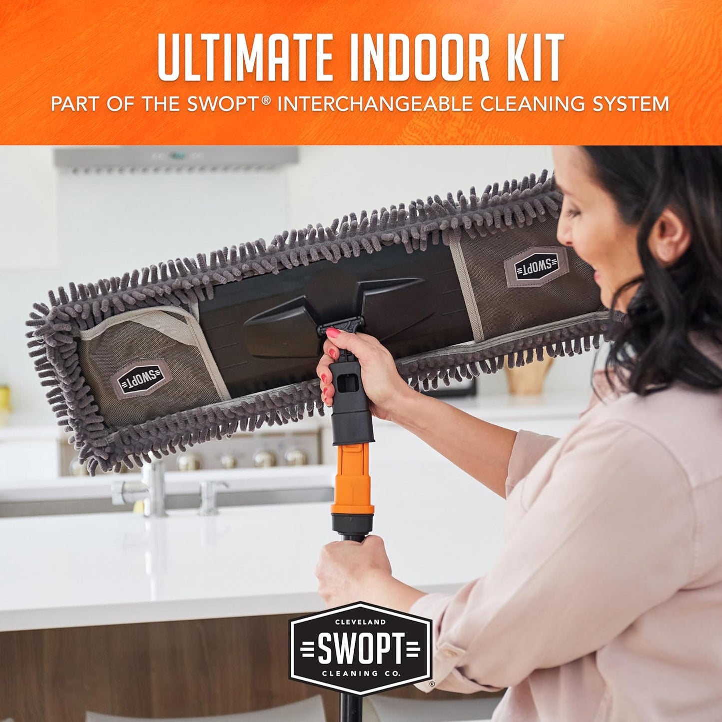 SWOPT 7-Piece Ultimate Indoor Kit — Includes 48” and 60” Wooden Handles, Dust Mop, Cotton Mop, Angle Broom, Flexible Duster, Window Squeegee, and Organizer — Everything You Need to Clean Indoors