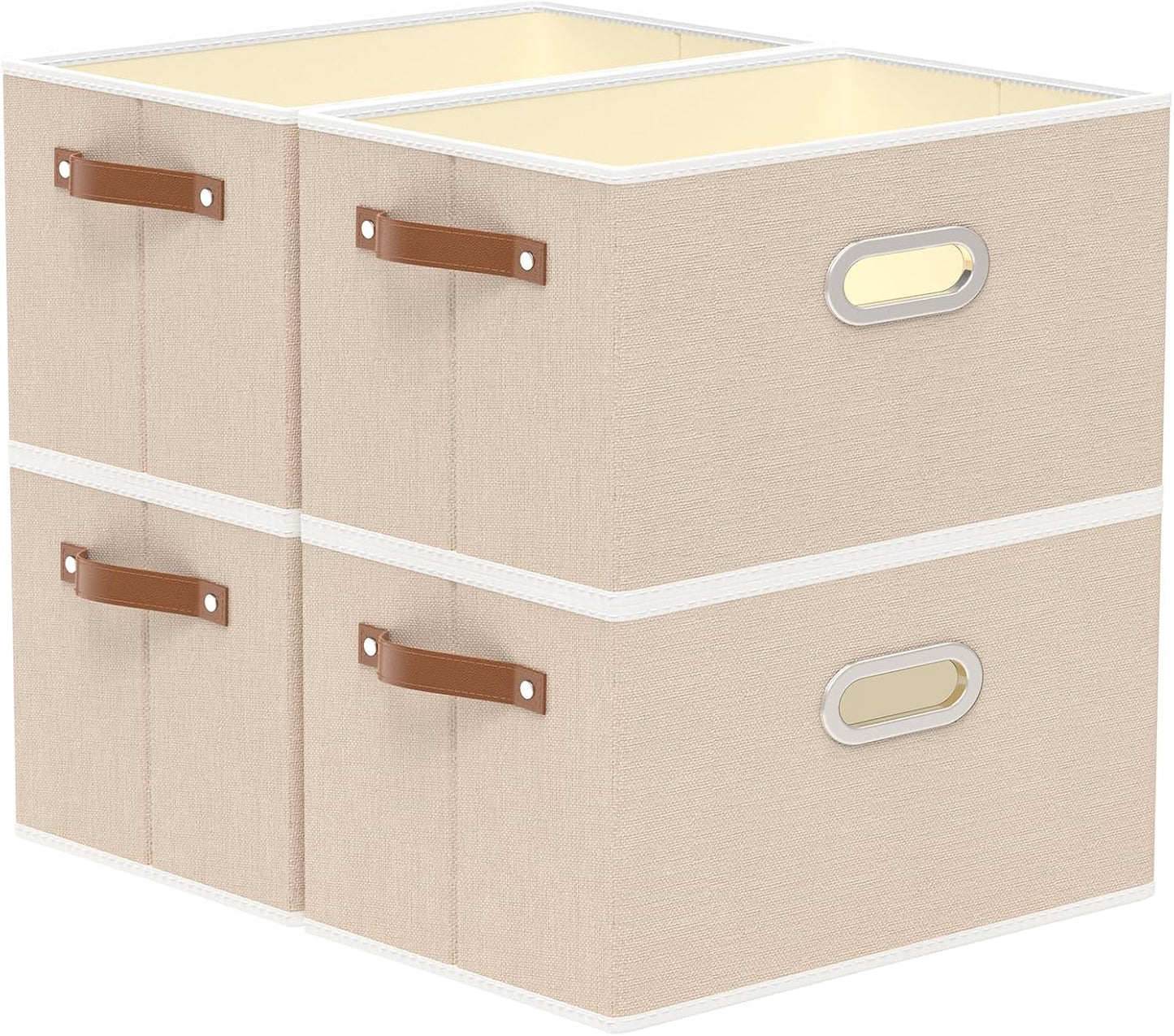 Yawinhe Fabric Storage Bins with Handles, Foldable Baskets for Shelves, Cubes with 3 Handles, Large Boxes for Clothes, Beige, 16.9''Lx11.8''Wx10.2''H, 4-Pack