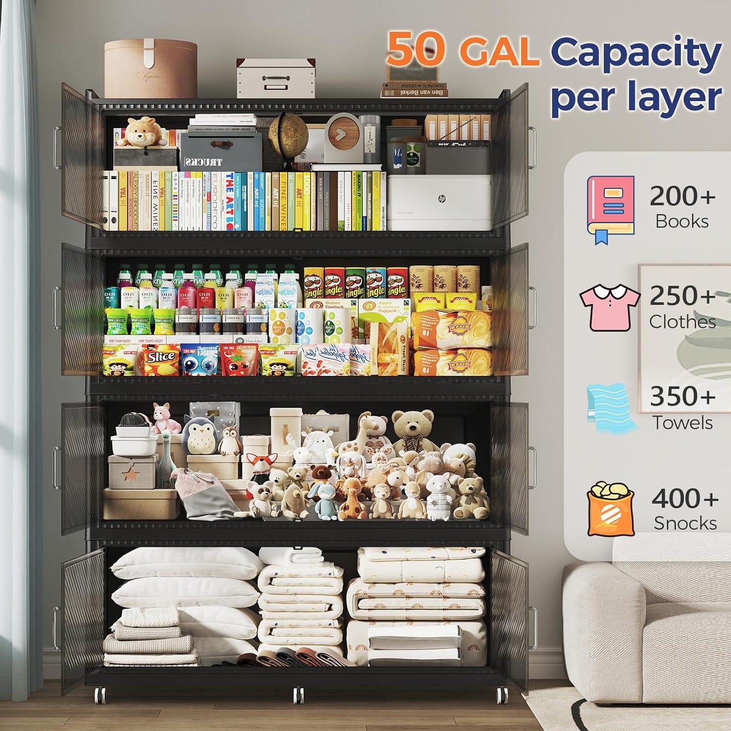 200 Gallon Extra Large Collapsible Storage Bin with Lid, 800QT Stackable Plastic Organizer with 6x Wheels, Foldable Drawer Cabinet for Closet, Living Room Office Dorm 4Pack, Black