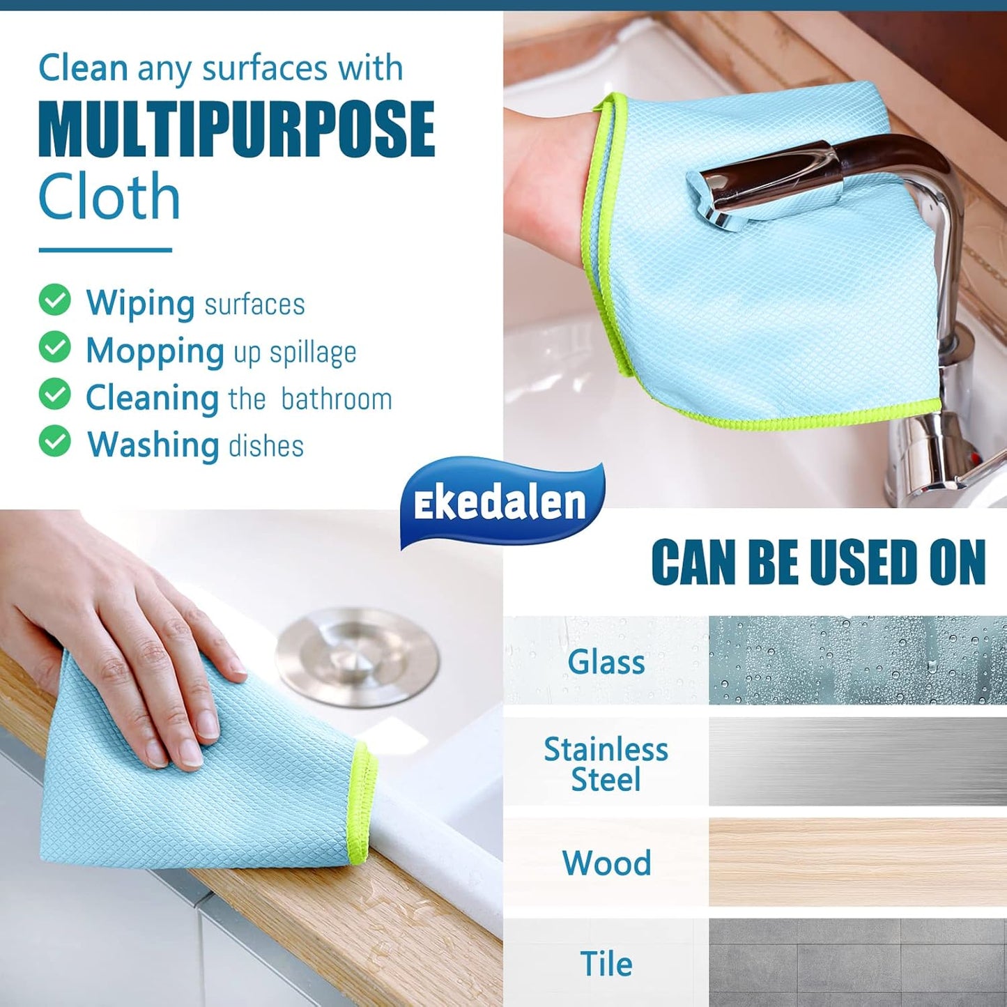 Microfiber Cleaning Cloth Lint Free Glass Cleaner Window Polishing Streak Free Miracle Easy Clean Rag Reusable for Mirror Kitchen Dish Auto Detailing,Pack of 8, 12'' x 16'', Blue and Grey