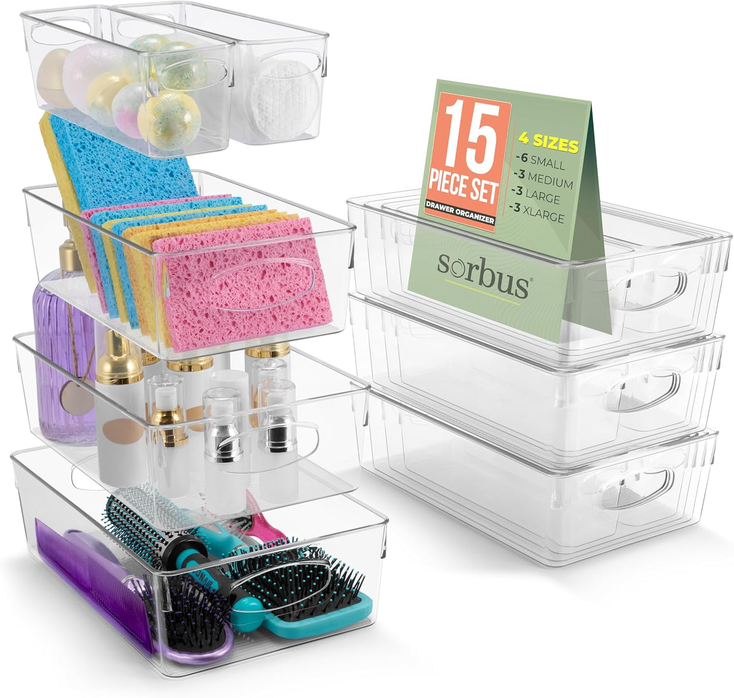 Sorbus Clear Plastic Storage Bins for Organizing, 15 Pack Clear Organizer Bins with Handles, Plastic Storage Bins for Closet, Pantry, Fridge, Medicine Cabinet Organizer, Shelves, Freezer, Drawer