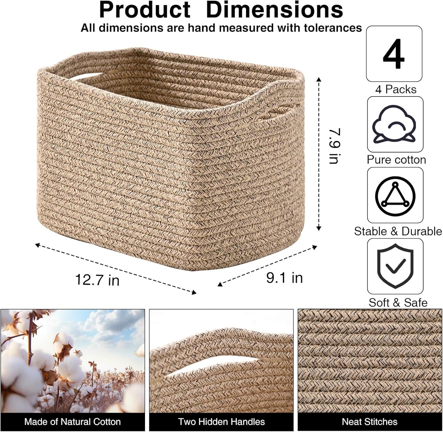Small Storage Baskets for Organizing, Woven Storage Baskets for Shelves, Cotton Rope Basket for Storage, Cute Rectangular Book Toy Basket, 12.7"×9.1"×7.9", 4 Packs, Brown
