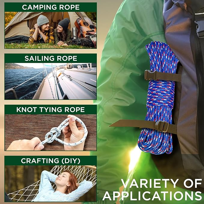 TECEUM Rope – 150 Feet x 1/4 Inch – Patriot Mix – Strong All-Purpose Utility - Image 5