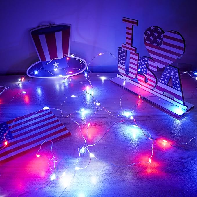 4th of July Decorations, 4 Pack Red White and Blue Fairy Lights Battery Operated - Image 7