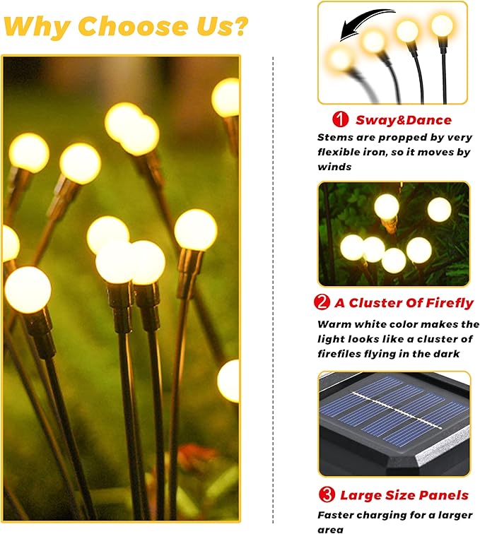 Solar Lights Outdoor-8Pack 64LEDs Solar Garden Firefly Lights Outside, Solar - Image 5