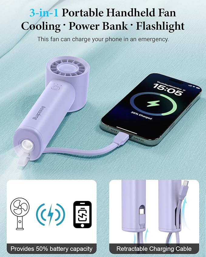 Portable Handheld Fan with Power Bank, 3 IN 1 USB Rechargeable Mini Personal - Image 3