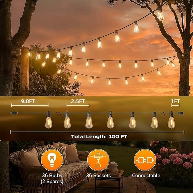 100FT Outdoor String Lights, Waterproof Patio Lights - Image 5