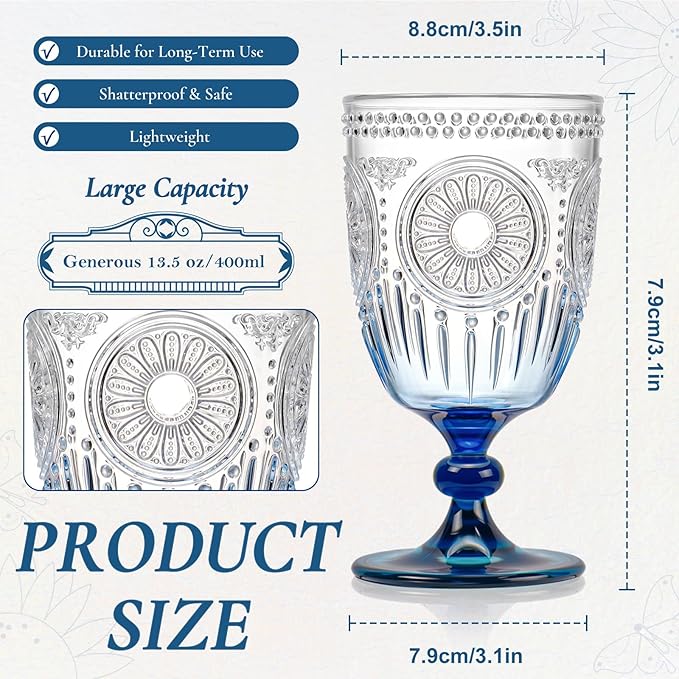 XUWAIDSGN 6Pcs Plastic Vintage Wine Glasses 13.5oz Reusable Embossed Goblet - Image 2