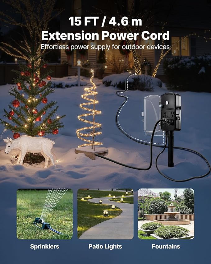 VEVOR Outdoor Power Stake, 15 FT Extension Cord, Outdoor Power Strip - Image 3