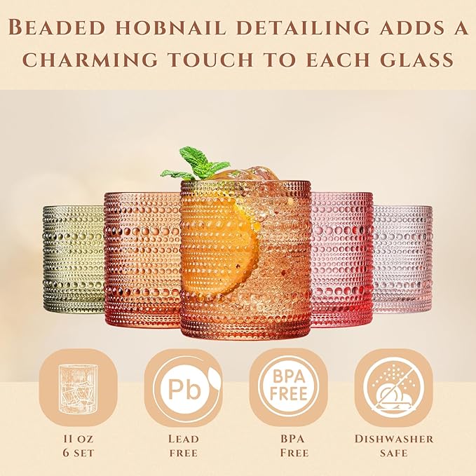 Hobnail Beaded Highball Drinking Tumbler Glasses | Set of 10 | Color, Vintage - Image 3