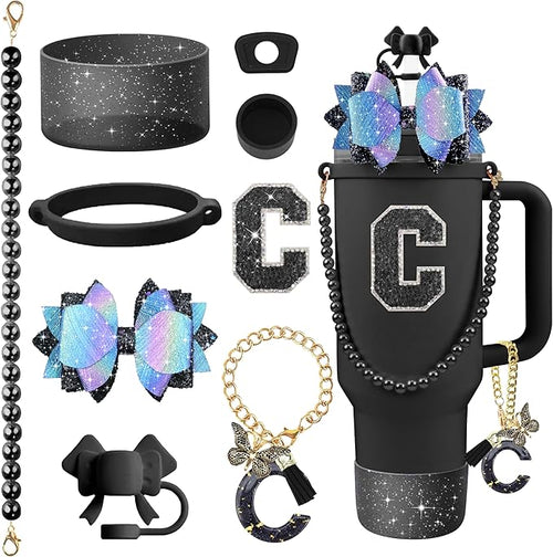 9PCS Black for Stanley Cup Accessories Set Bling Initials Bow Charms for by Unknown